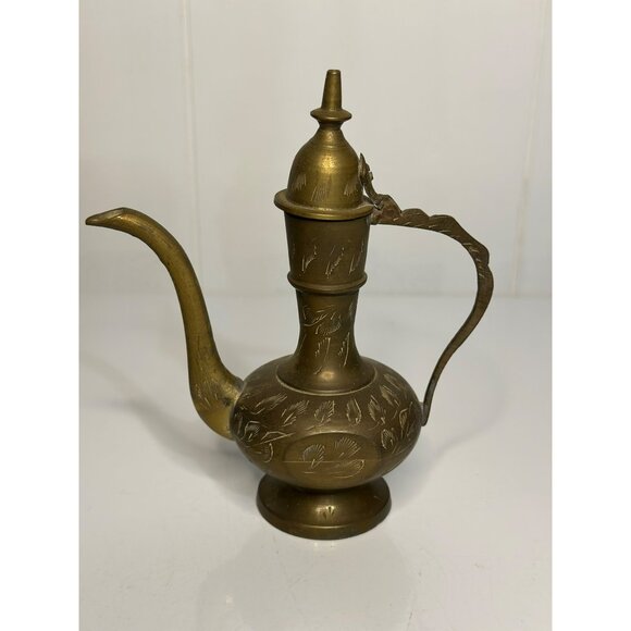 Vintage Ornate Brass Teapot Pitcher 5.75" with Etched Leaves 80s Decorative Deco - Picture 1 of 7